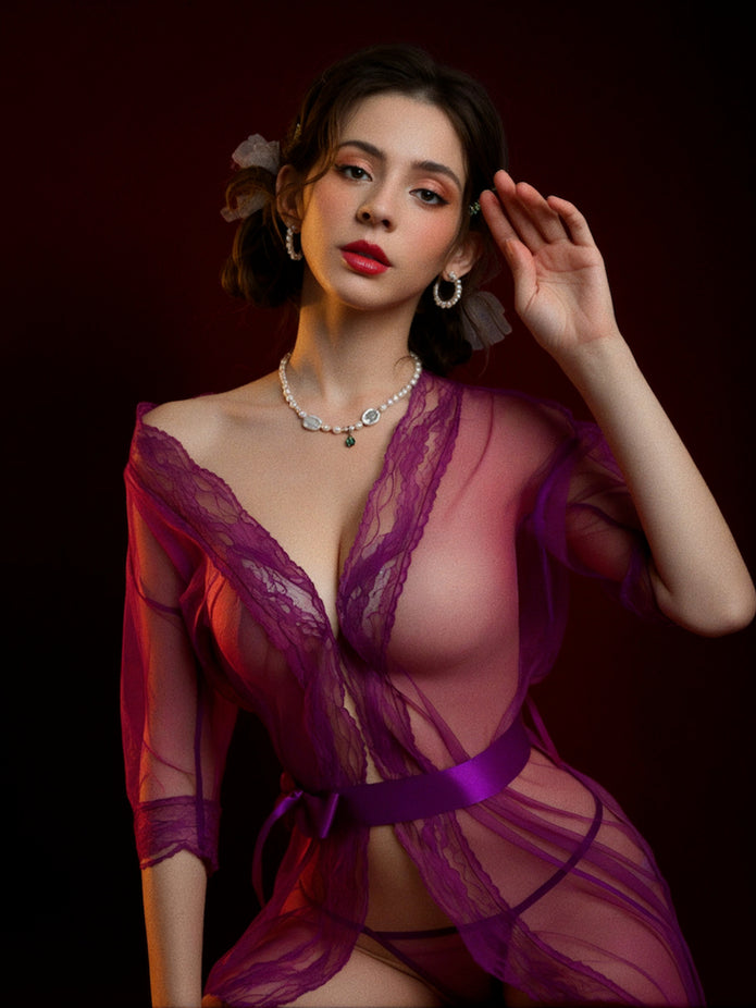 Dripdrip Sheer Tulle Lace Mesh Robe Lingerie Set