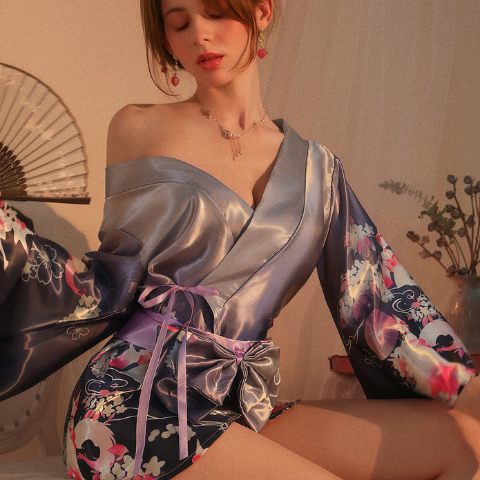 Dripdrip Japanese Fox Dream Purple Floral Kimono Robe