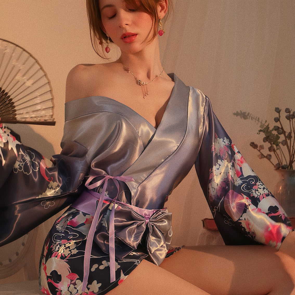 Dripdrip Japanese Fox Dream Purple Floral Kimono Robe