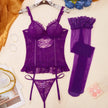 Dripdrip Purple Lace Bra Garter Stocking Set