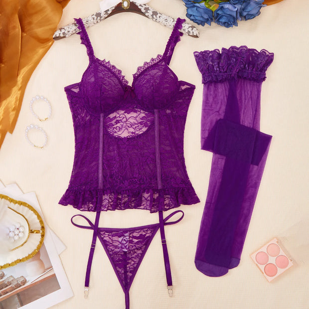Dripdrip Purple Lace Bra Garter Stocking Set