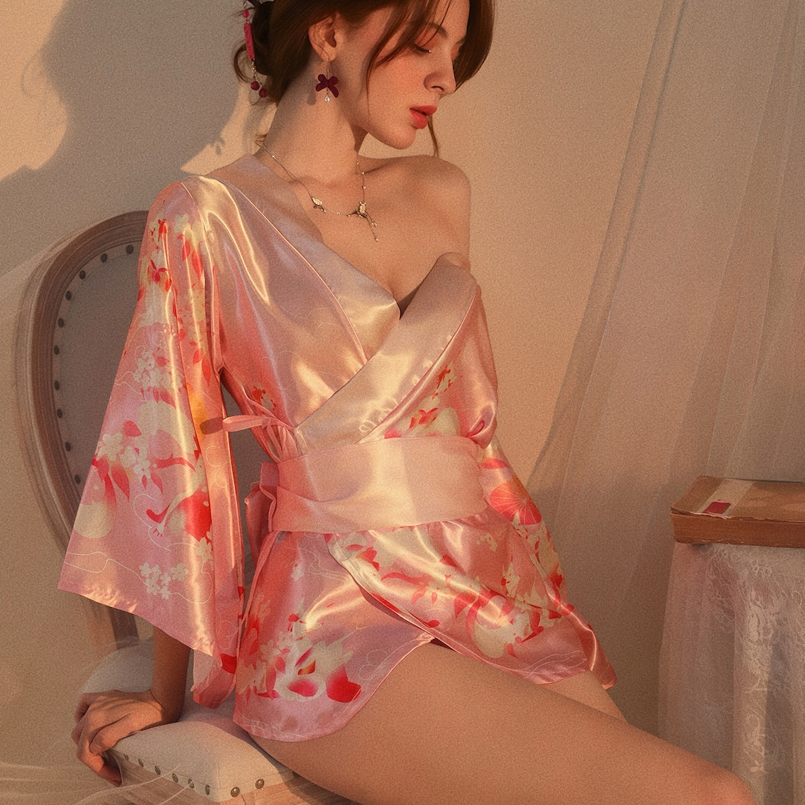 Dripdrip Japanese Fox Dream Purple Floral Kimono Robe