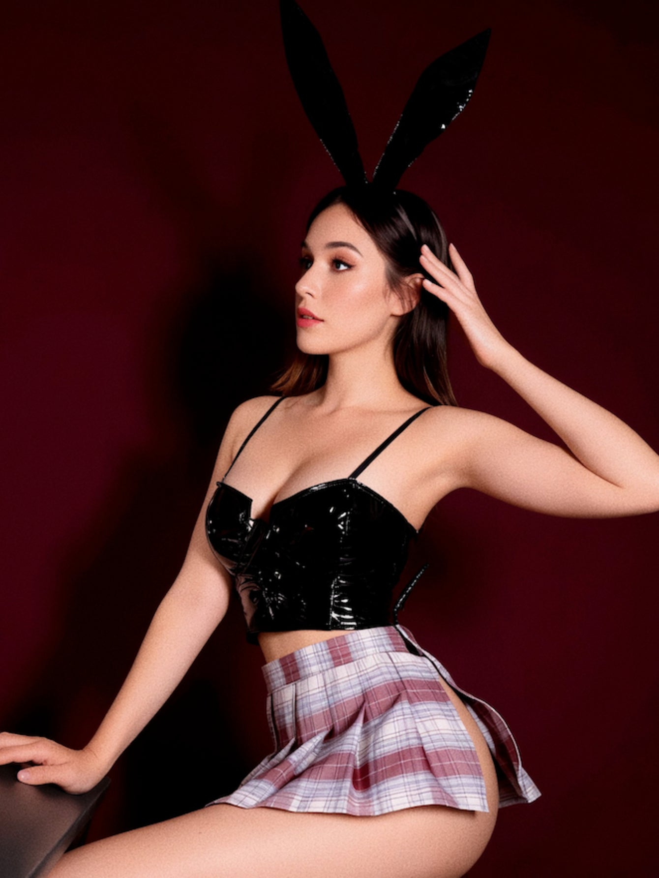 Dripdrip Bunny Ears Leather Plaid Student Uniform Set