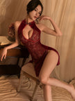 Dripdrip Lace Hollow Strap Cheongsam Uniform Chemise Set