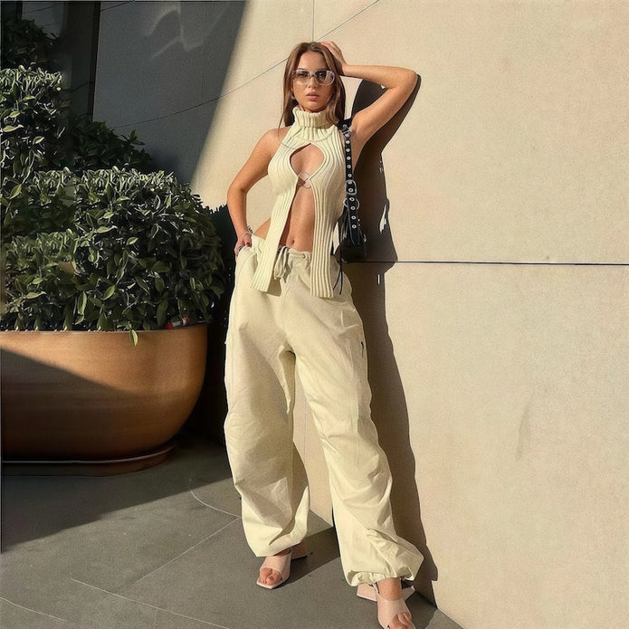 Dripdrip White Hollow Knit Backless Sweater Top