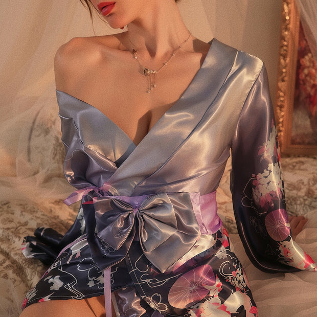 Dripdrip Japanese Fox Dream Purple Floral Kimono Robe