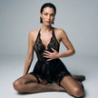 Dripdrip Black Lace Halter Chemise Set - Sheer Garter Dress with Fishnet Stockings dripdrip