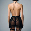 Dripdrip Black Lace Halter Chemise Set - Sheer Garter Dress with Fishnet Stockings dripdrip