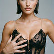Dripdrip Floral Enigma: Embroidered Bloom Sheer Cut-Out Corset & Strappy Lingerie Set with Stockings dripdrip
