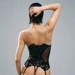 Dripdrip Floral Enigma: Embroidered Bloom Sheer Cut-Out Corset & Strappy Lingerie Set with Stockings dripdrip