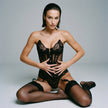 Dripdrip Floral Enigma: Embroidered Bloom Sheer Cut-Out Corset & Strappy Lingerie Set with Stockings dripdrip