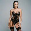Dripdrip Floral Enigma: Embroidered Bloom Sheer Cut-Out Corset & Strappy Lingerie Set with Stockings dripdrip