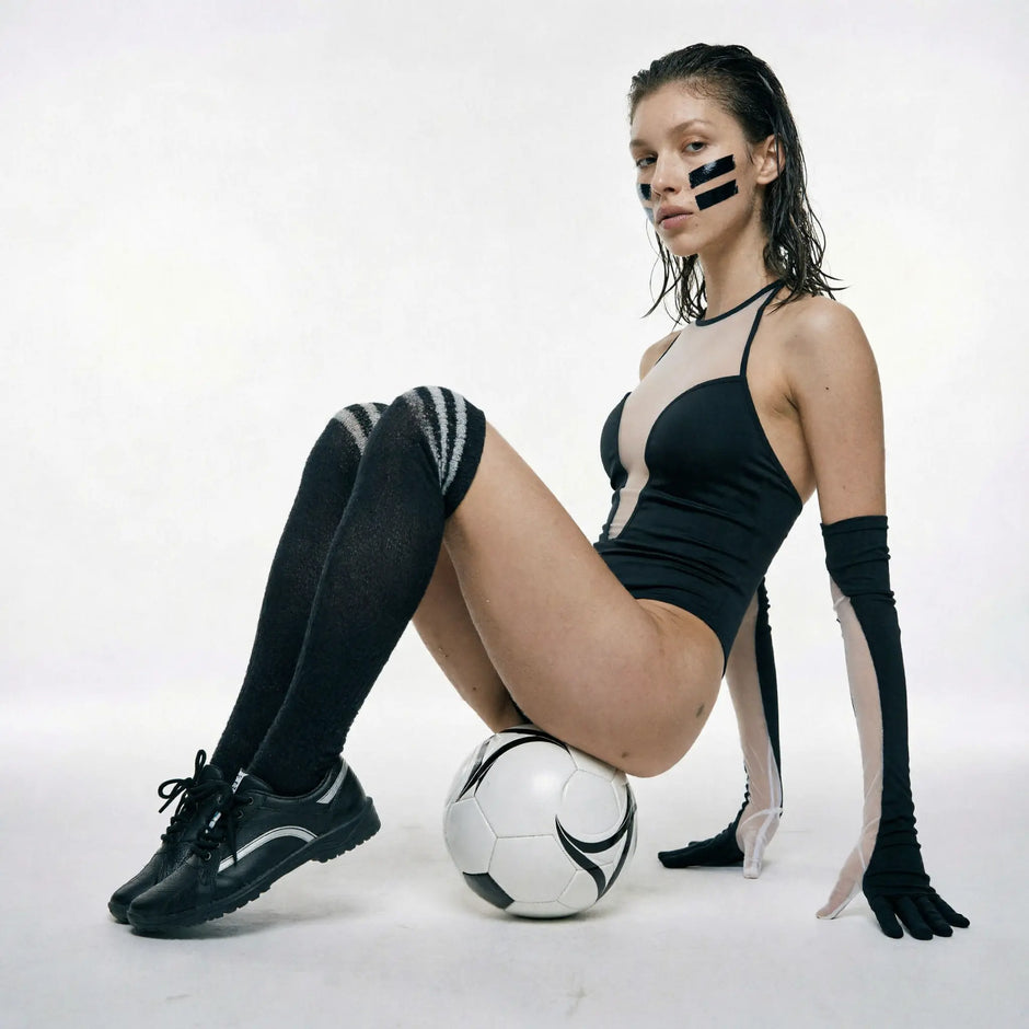 Dripdrip Cyber Venus: Asymmetric Contrast Sculpting Mesh Bodysuit with Gloves dripdrip