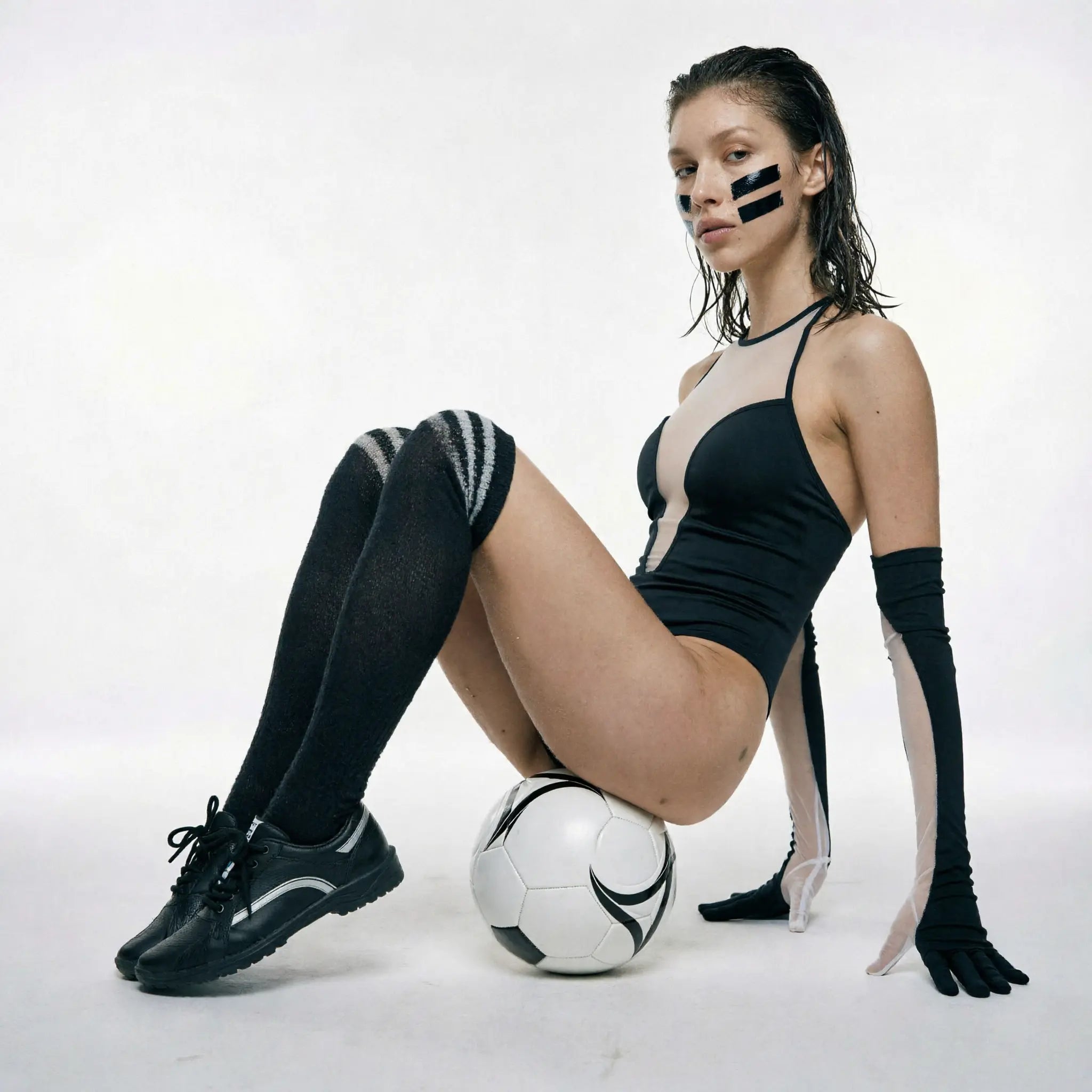 Dripdrip Cyber Venus: Asymmetric Contrast Sculpting Mesh Bodysuit with Gloves dripdrip