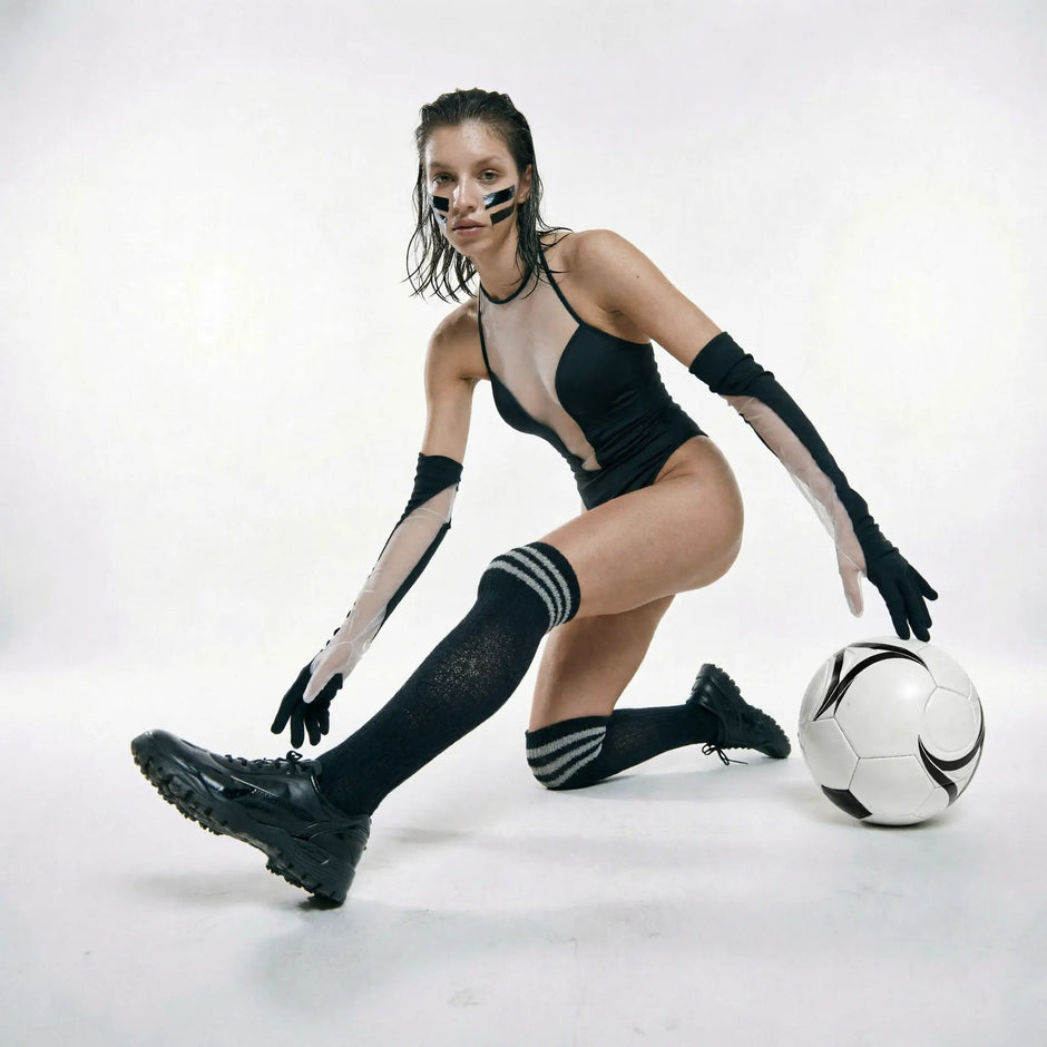 Dripdrip Cyber Venus: Asymmetric Contrast Sculpting Mesh Bodysuit with Gloves dripdrip