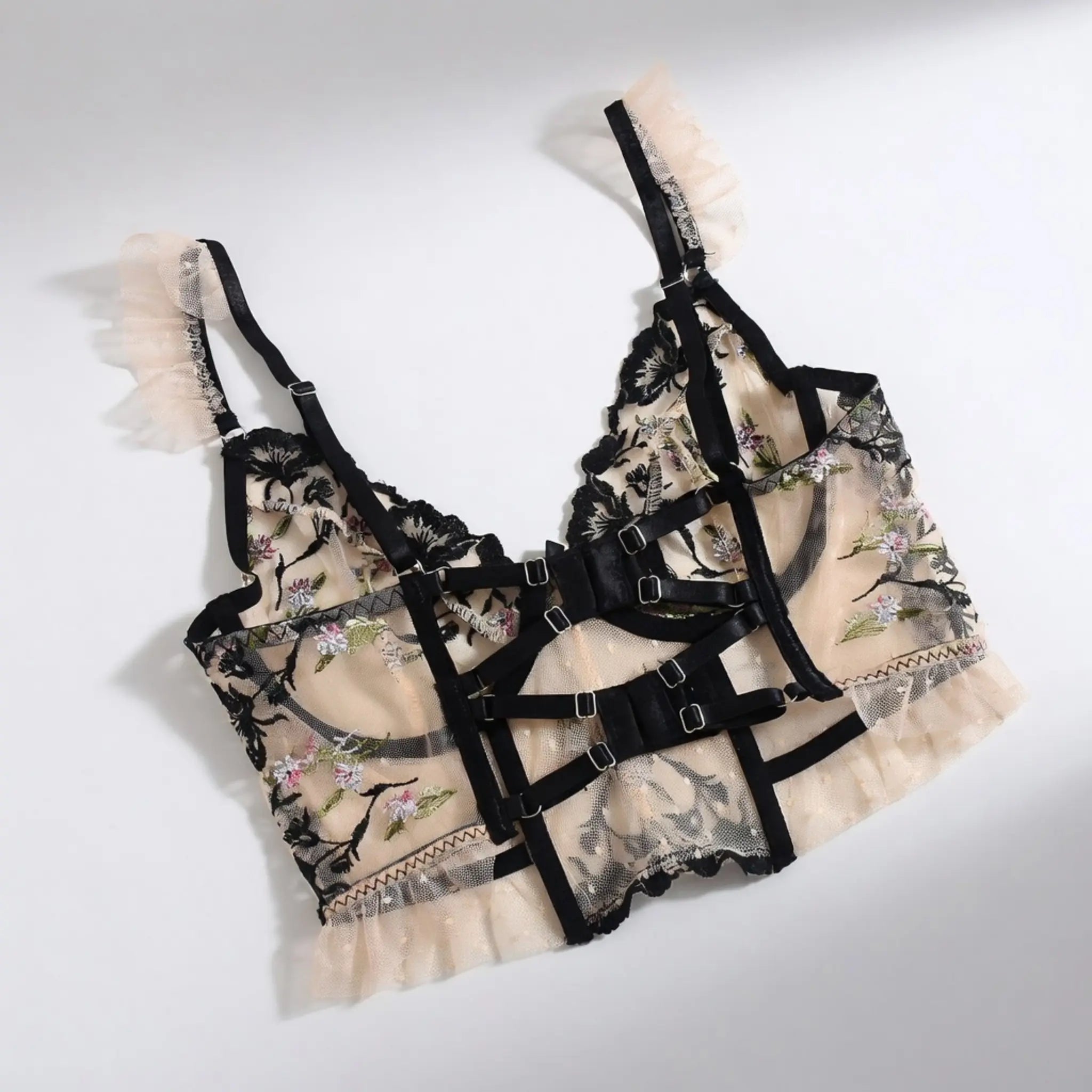 Dripdrip Garden Corset: Mixed-Media Floral Embroidery & Polka Dot Boned Set dripdrip