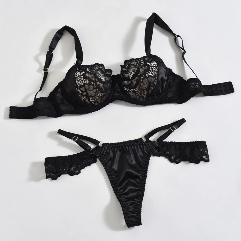 Dripdrip Satin Muse: Sheer Lace & Satin Contrast Four-Piece Set dripdrip