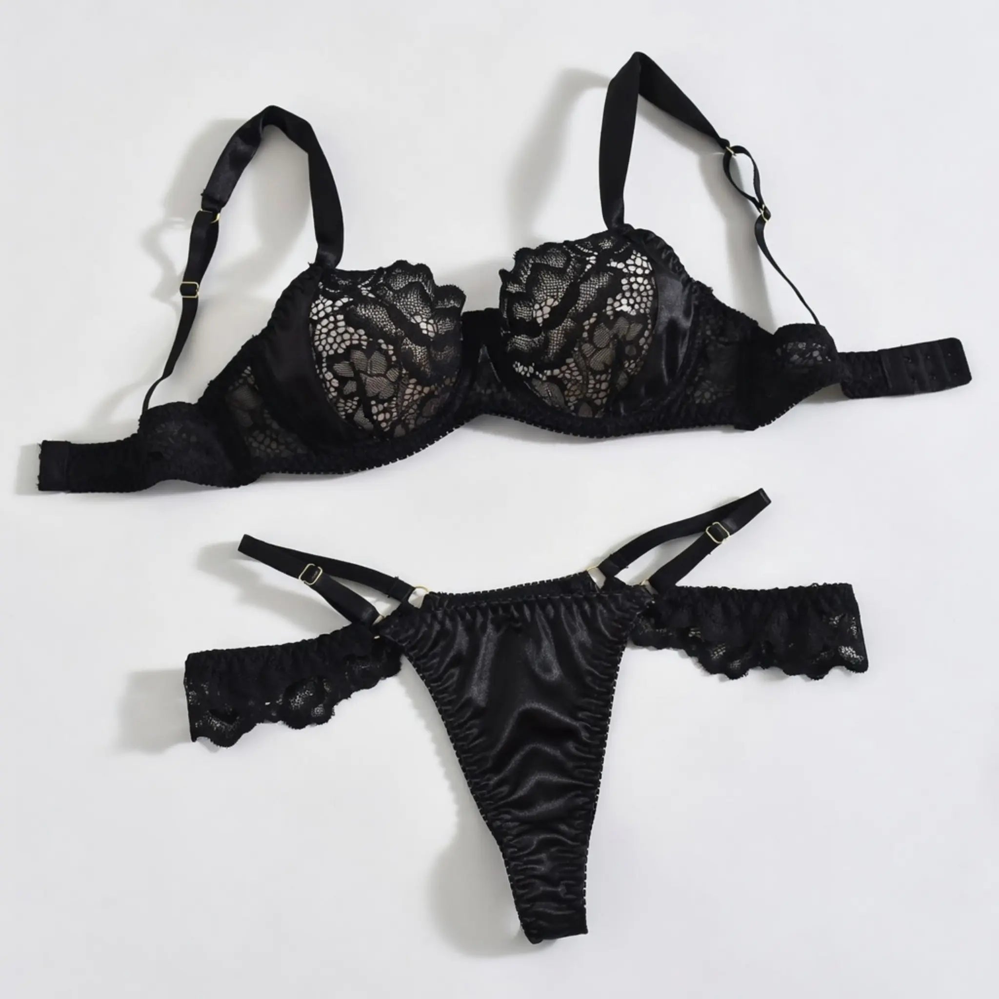 Dripdrip Satin Muse: Sheer Lace & Satin Contrast Four-Piece Set dripdrip
