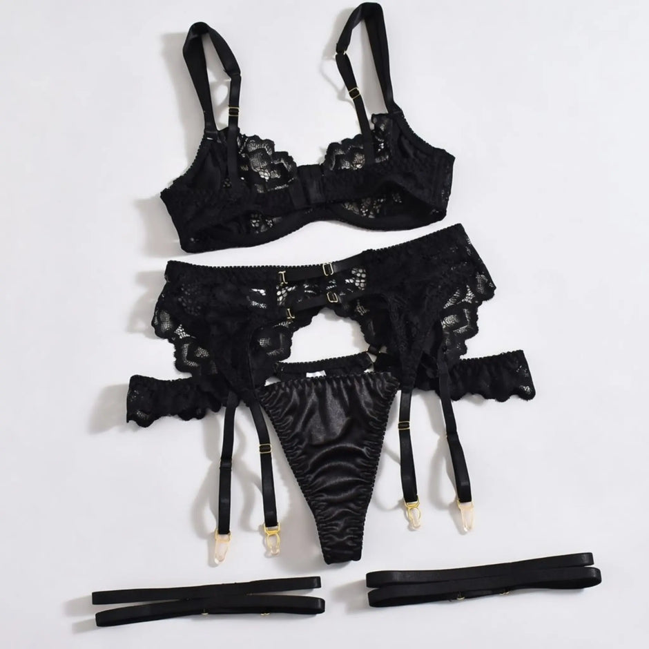 Dripdrip Satin Muse: Sheer Lace & Satin Contrast Four-Piece Set dripdrip