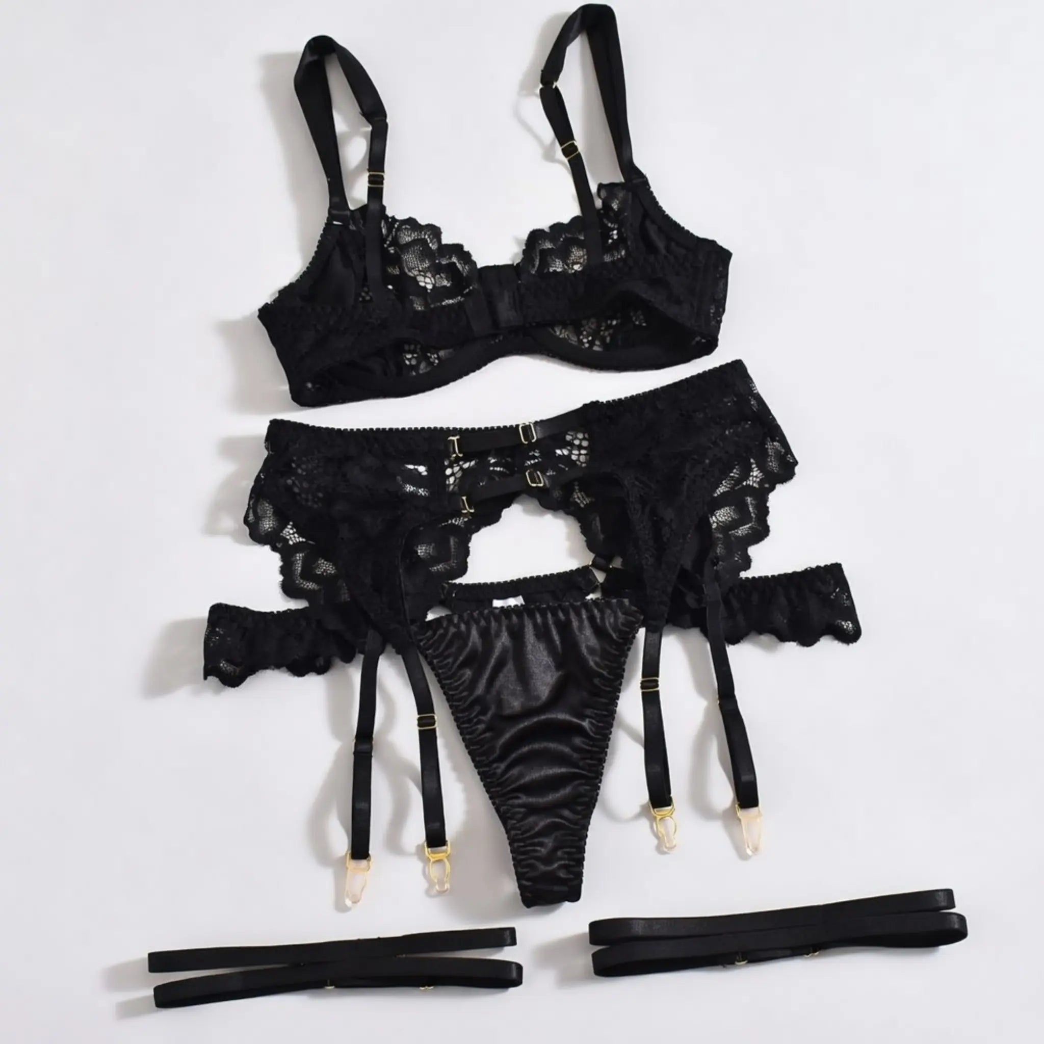 Dripdrip Satin Muse: Sheer Lace & Satin Contrast Four-Piece Set dripdrip