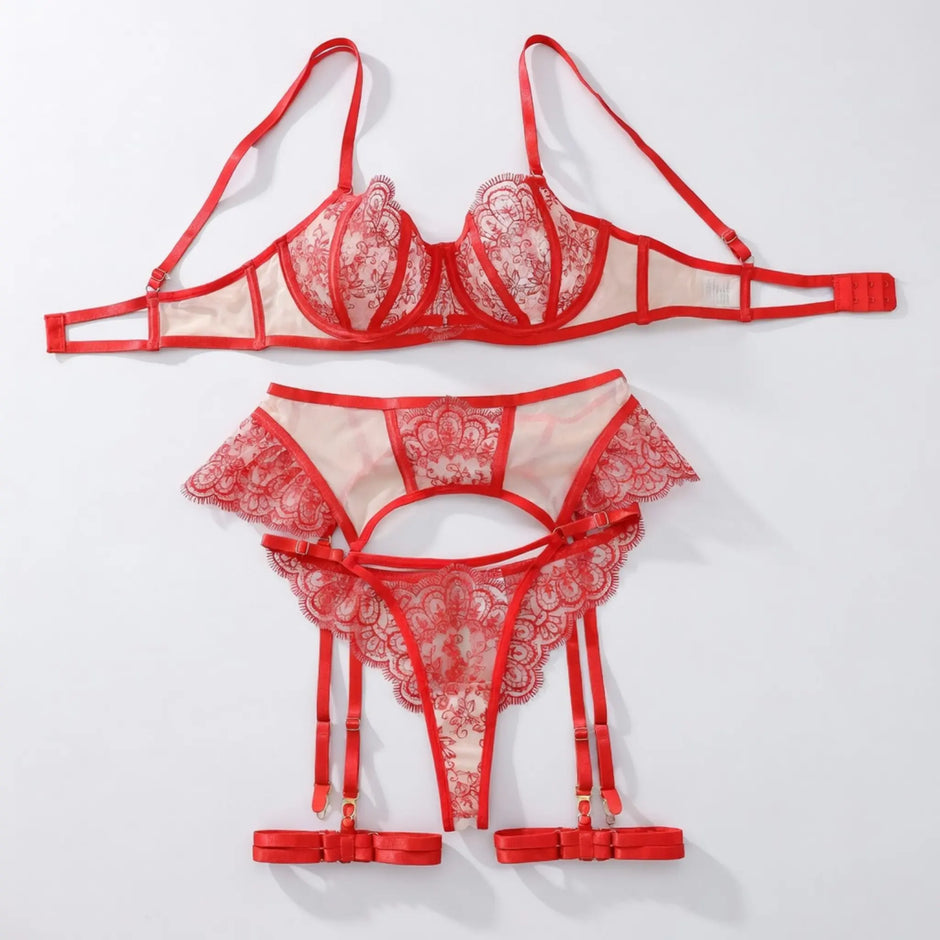 Dripdrip Crimson Allure: Scalloped Red Lace Backless Four-Piece Sculpting Set dripdrip