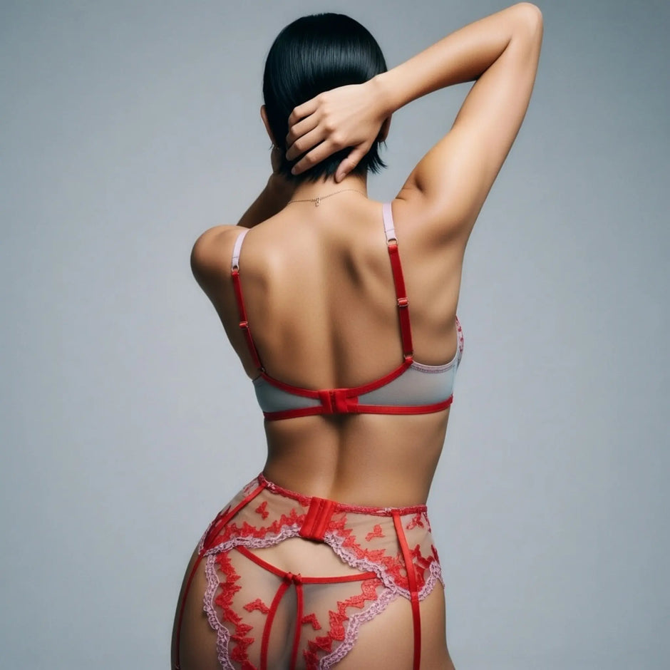 Dripdrip Heart-Core: Contrast Heart Embroidery & Boned Corset Set with Bows dripdrip
